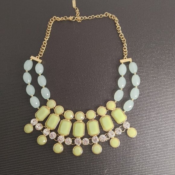 Blubrebar Gold Tone Green Aqua Statement Necklace Beaded Resin Rhinestones - Picture 3 of 8